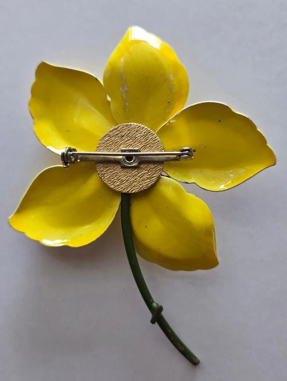 Vintage Mid Century Metal Enamel Flower Brooch w/ Stem Yellow & Orange